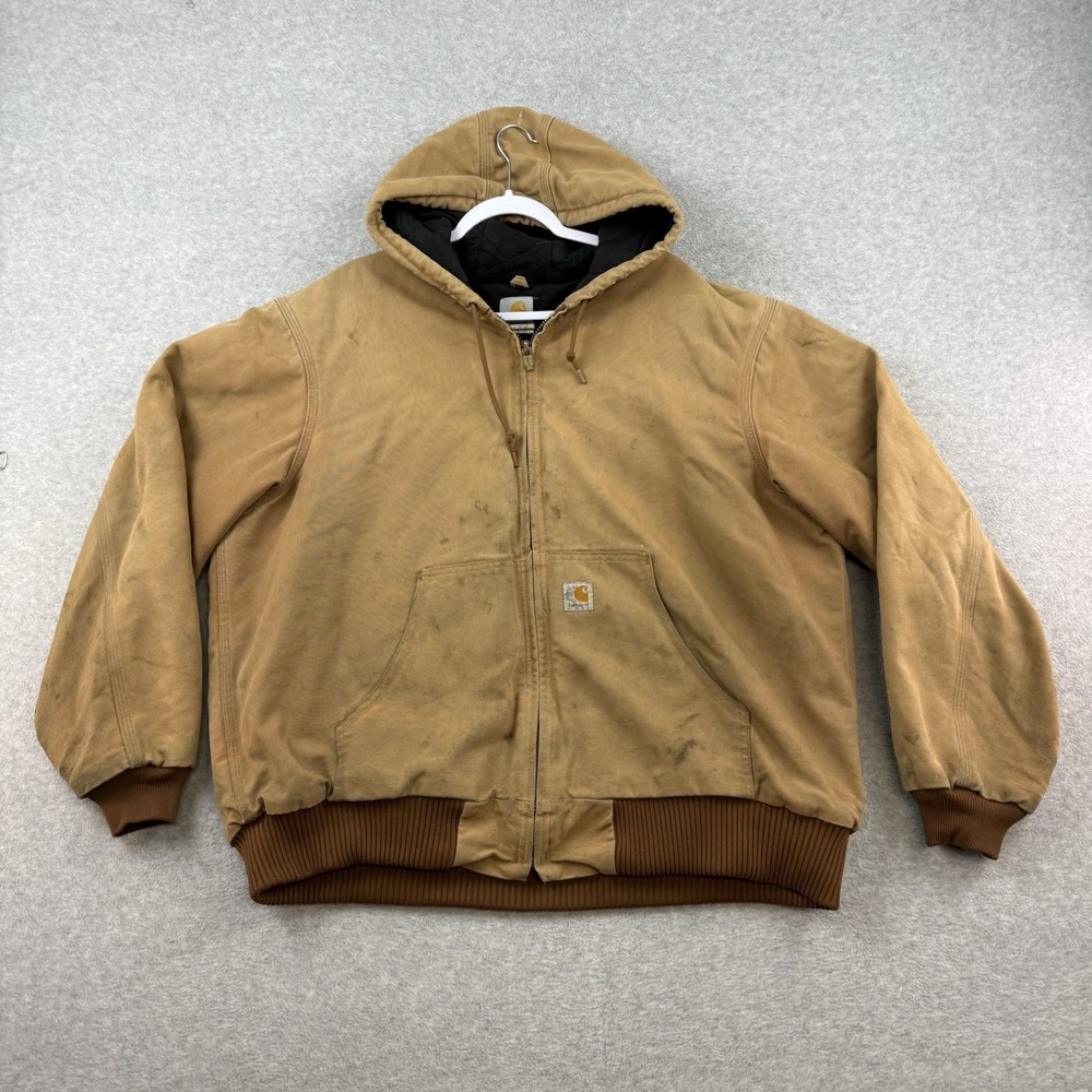 Vintage Carhartt Jacket Mens XL Brown Canvas‎ Hooded Quilted Distressed J140 BRN